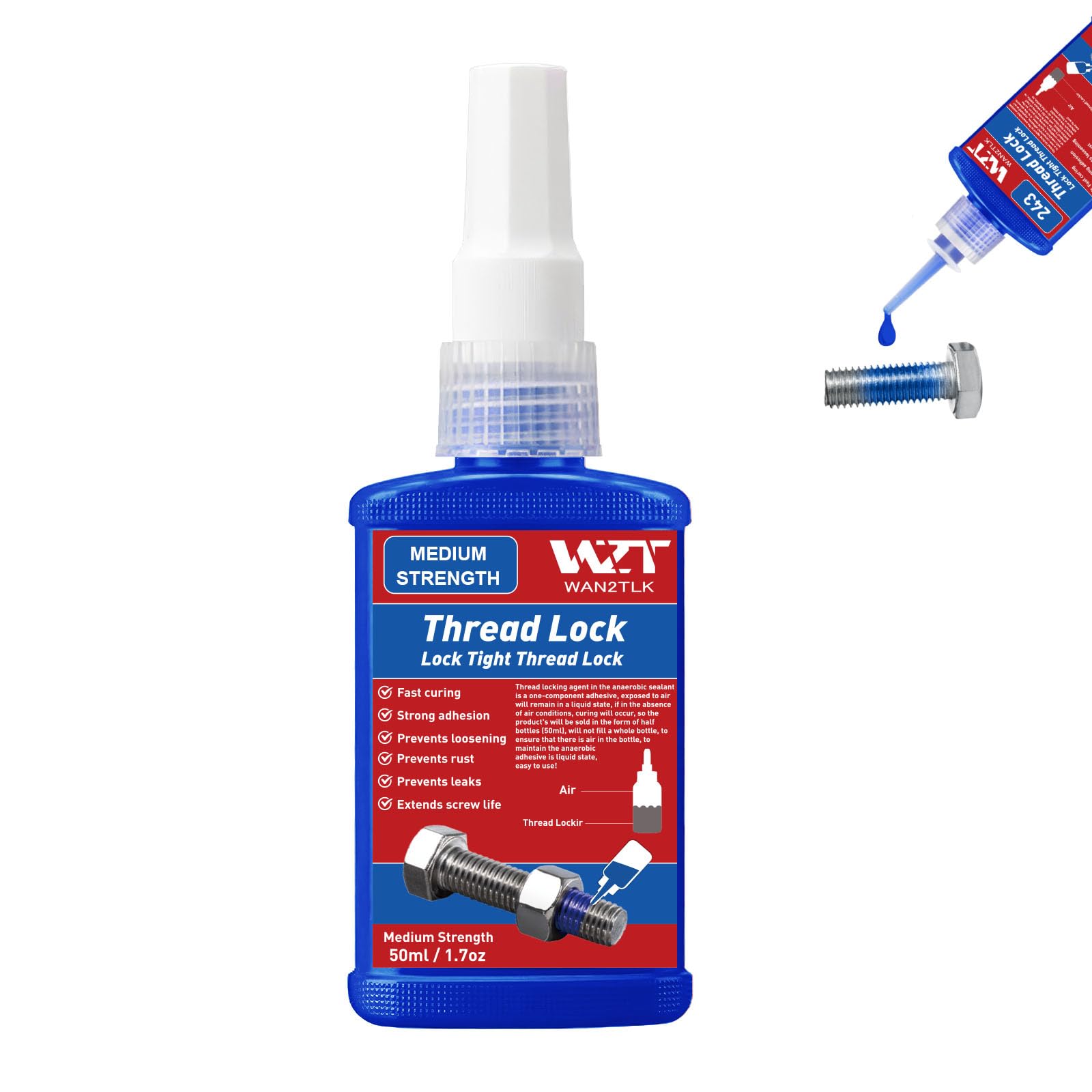 WAN2TLK Thread Lock Blue 50ml, Medium Strength Locktight Threadlock, Removable Threadlocker, Lock & Seal Nuts, Bolts, Fasteners and Metals, High-Temperature, Against Losening Anti-Rust