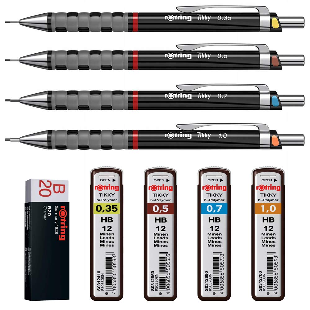 rOtring Tikky Retractable Pencil Set, 4-teiliges Set, Black, 1