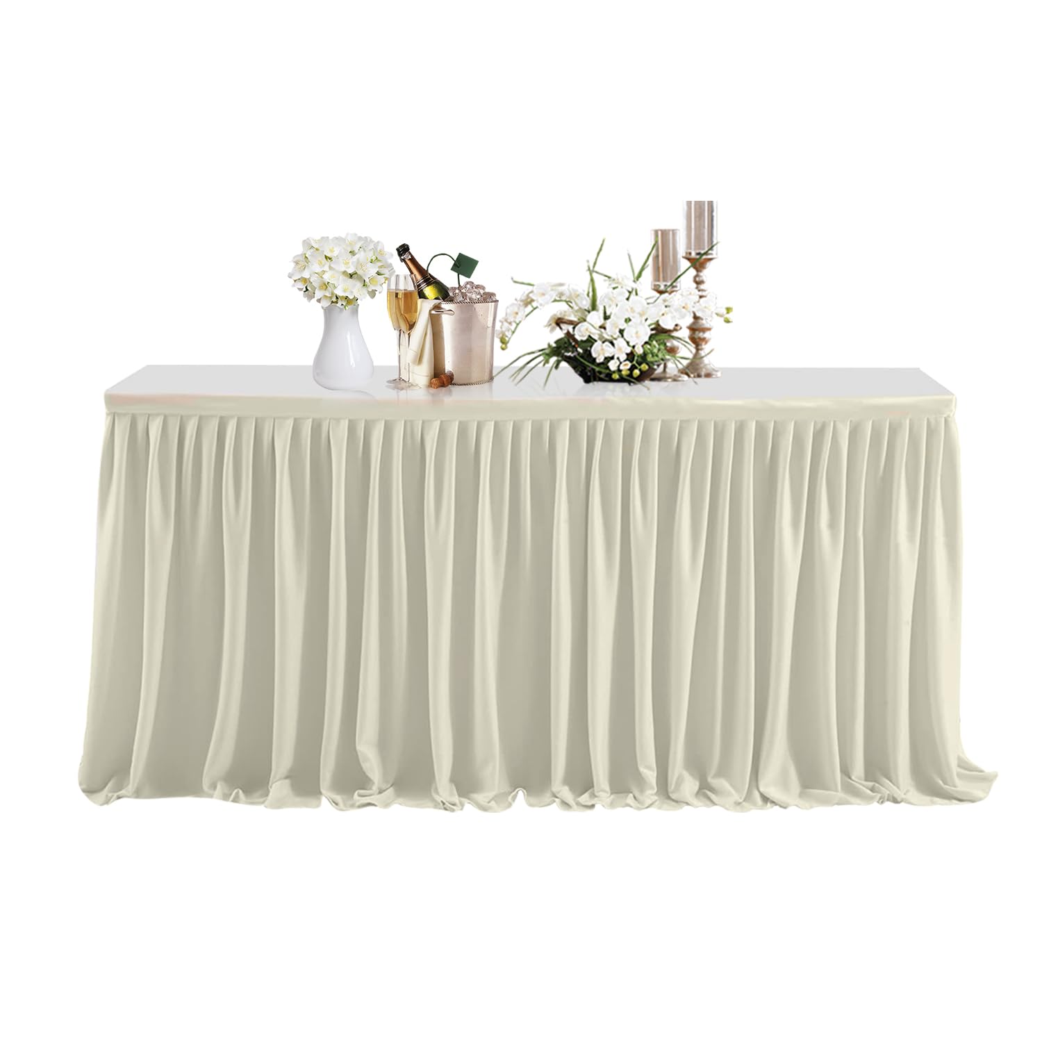 Trimming Shop Table Skirt, 14 Feet Pleated Rectangle Polyester for Table Decoration for Tableware, Party, Wedding, Birthday, Baby Shower, Home Decoration, Banquet, Events, 1 Piece, Ivory