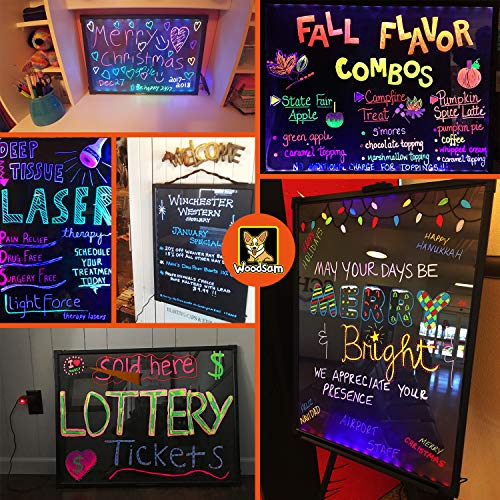 Woodsam LED Drawing Painting Board - 24" x 16" Erasable Non Porous Glass Surface with 8 Fluorescent Window Markers-Best for Chalkboard Blackboard Whiteboard Bulletin/Letter/Spelling/Display/Menu Board