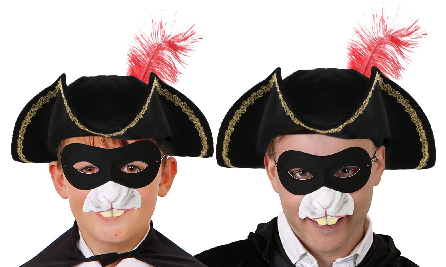 Adults Highway Rodent Accessory Set - Black Tricorn Hat with Red Feather, Black Eyemask, Rat Nose - Mens Womens TV Film School Book Week World Book Day Fancy Dress Costume