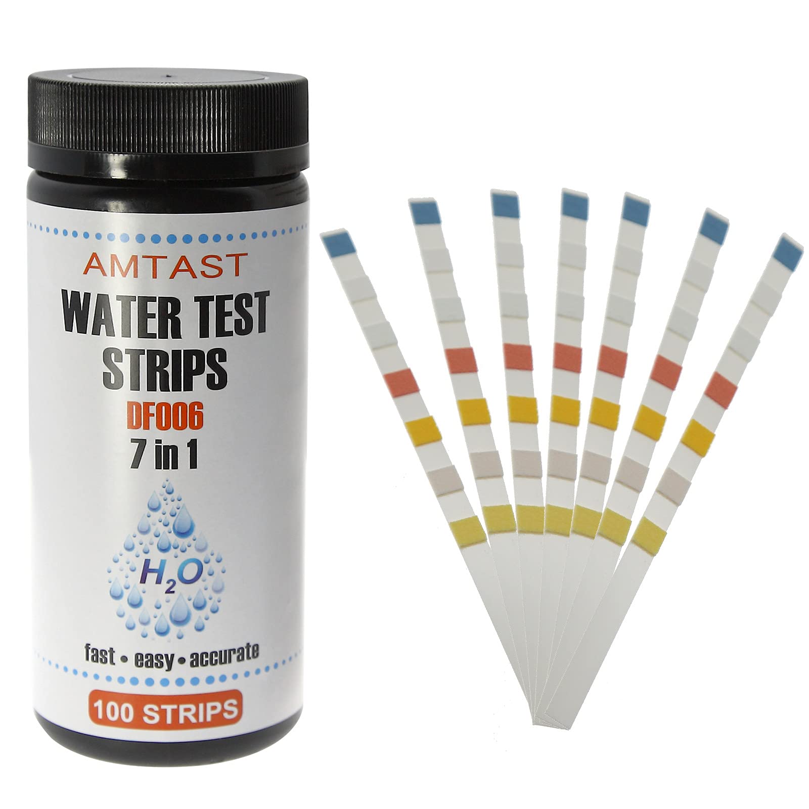 DF006 Water Test Strips Upgrade 7 in 1, PH, Total Chlorine, Free Chlorine, Total Alkalinity, Cyanuric Acid, Total Hardness, Bromine, Swimming Pool Hot Tub Spa Aquarium Water Quality Test, 100 Strips