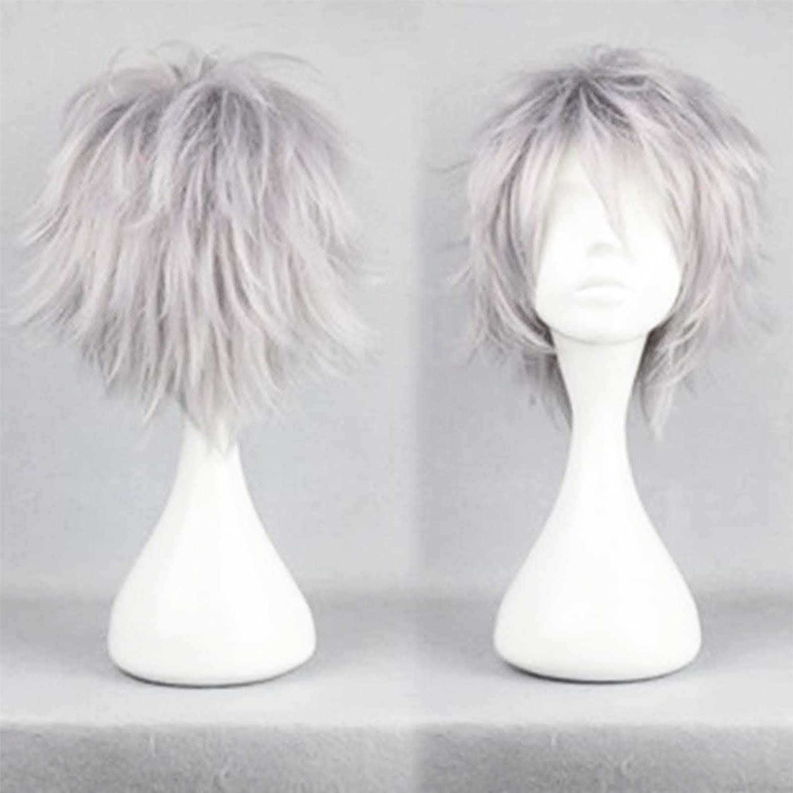 Cybelleza Anime Cosplay Wig - Short Synthetic Curly Straight Layered Fluffy Silver Grey Wig with Free Cap