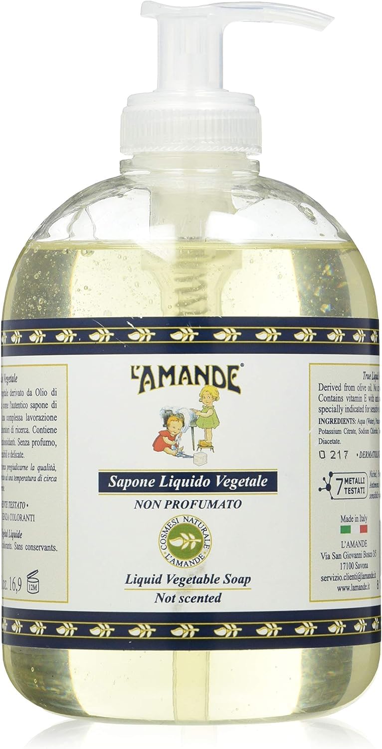 L'AMANDE - Liquid Hand and Vegetable Body Soap Derived from Olive Oil, Body Wash Nourishing Cleansing Gel with Vitamin E, Hand Soap and Natural Shower Foam, 500ml