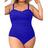Holipick Plus Size One Piece Swimsuit Tummy Control Strapless Bathing Suits Bandeau Slimming Ruched Twist Front Swimwear