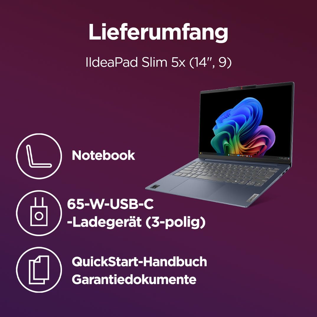 Lenovo IdeaPad Slim 5X Laptop | 14" WUXGA OLED Display | Copilot+ PC | Snapdragon X X1-26-100 | 16GB | 512GB SSD | Qualcomm Adreno GPU | Win11 | QWERTZ Beleuchtet | Abyss Blue | 3 Monate Premium Care 9