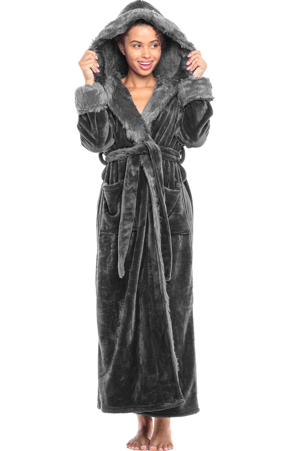 Alexander Del Rossa Women's Warm Fleece Robe with Hood, Long Plush