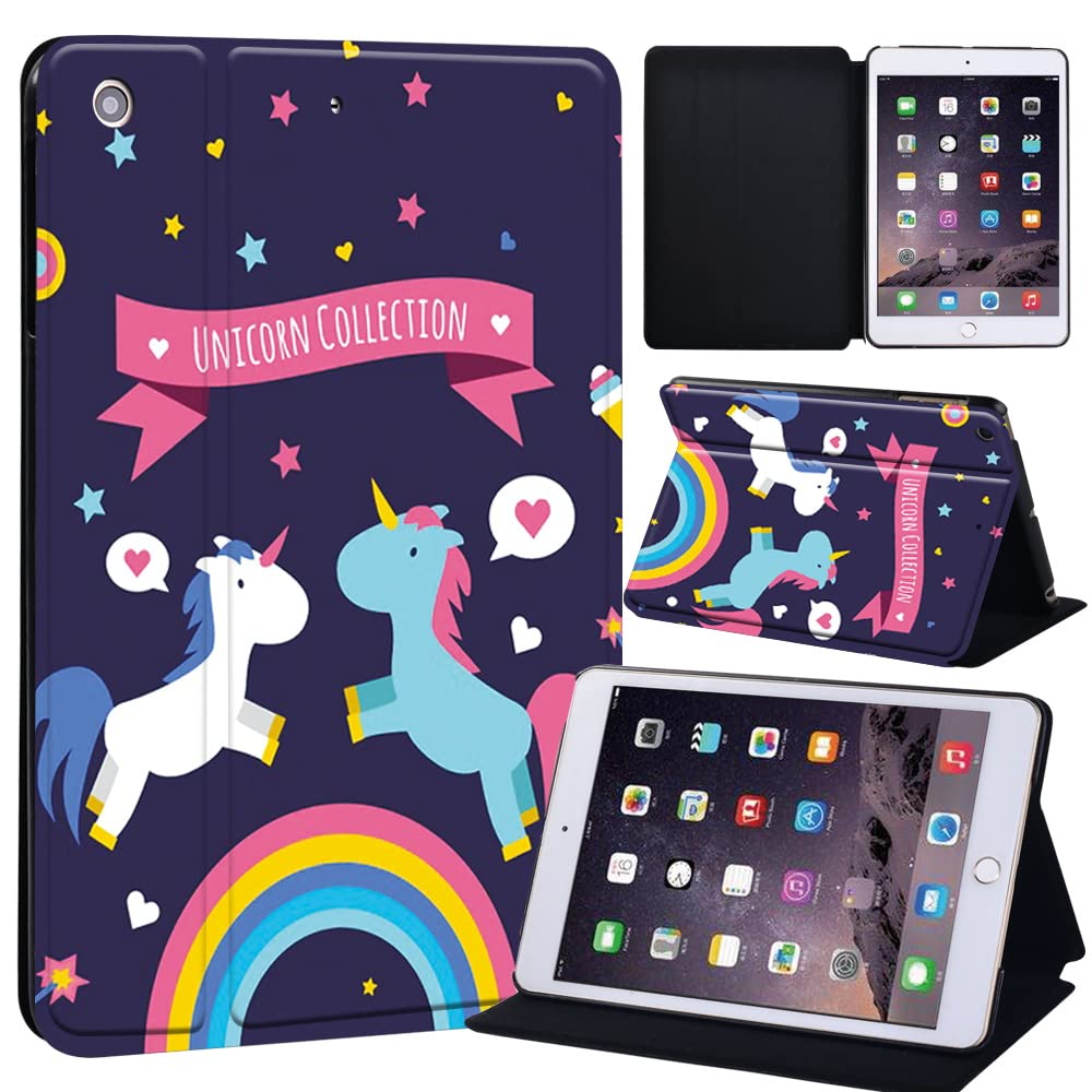 Oldimage Printed Case for iPad Mini 1/2/3, Lightweight Trifold Stand Case with Auto Sleep/Wake, Microfiber Lining, Hard Back Cover for iPad Mini 1/Mini 2/Mini 3 (unicorn and rainbow)