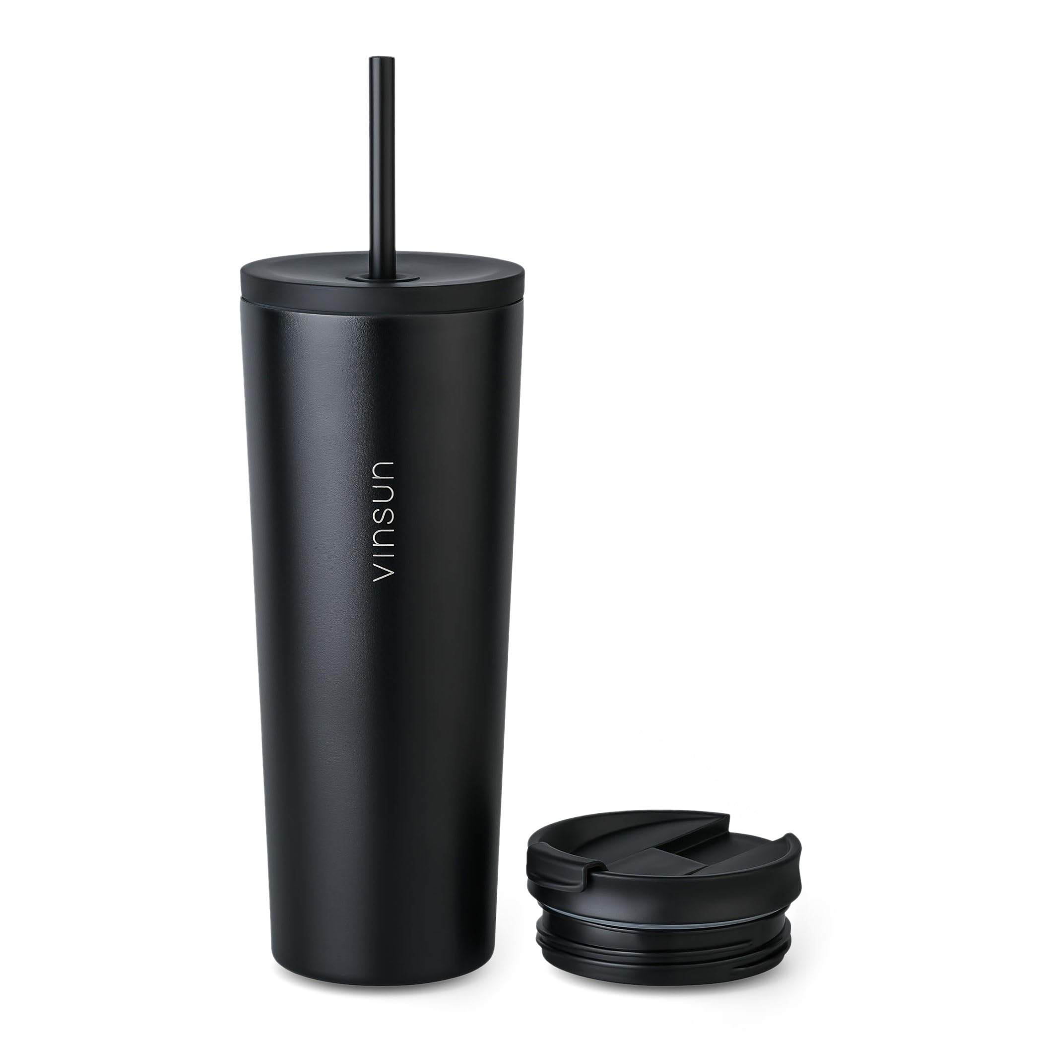 VINSUN Travel Mug with Straw 720ml - Stainless Steel Thermal Mug, Leakproof, Double-Walled Insulated - Black Tumbler with Straw and Lid for Hot & Cold Drinks
