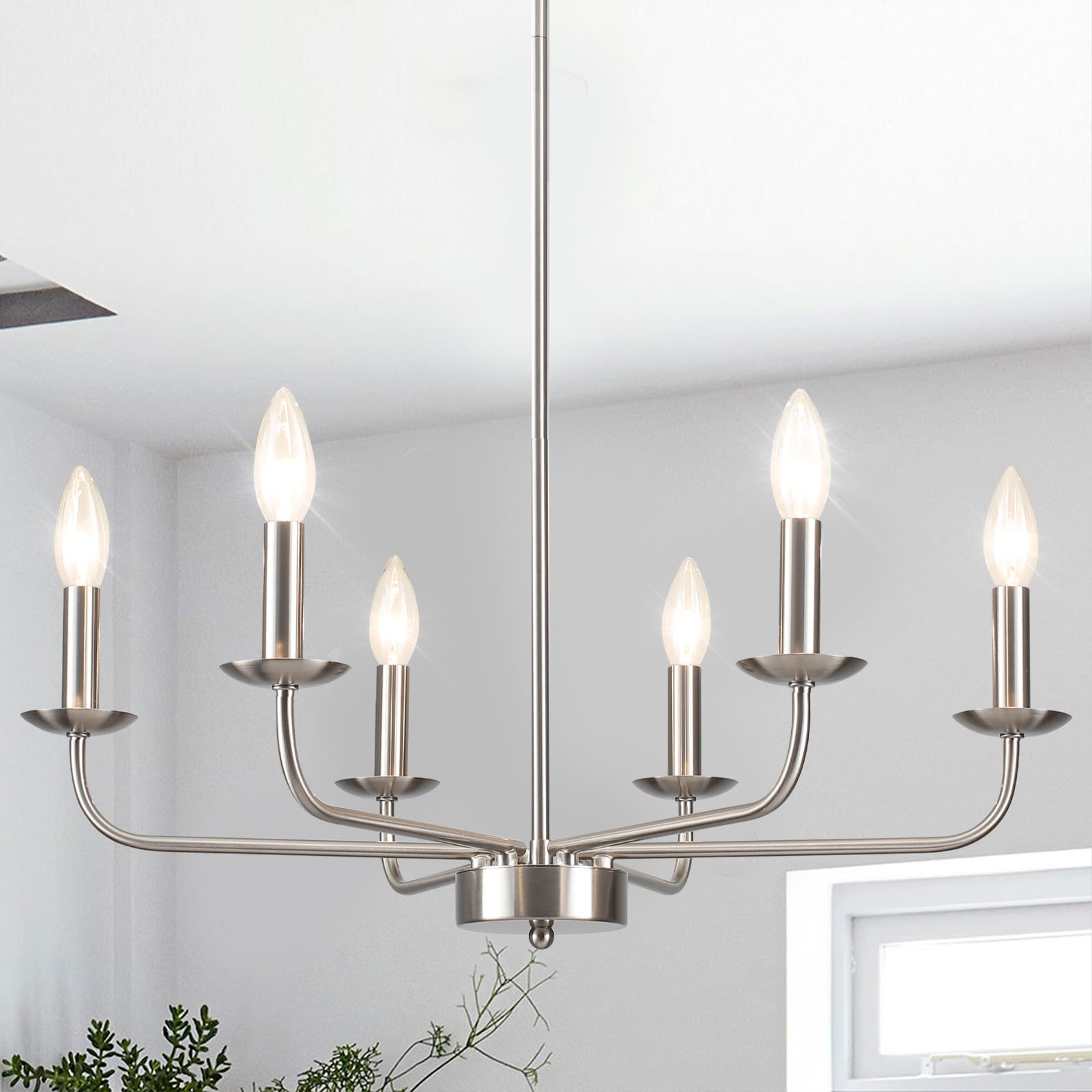 Brushed Nickel Chandelier Ceiling Lights, 6 Lights Modern Dining Room Chandelier Height Adjustable, Silver Industrial Metal Light Fittings Ceilings for Living Room Bedroom Kitchen Foyer, E14 Base