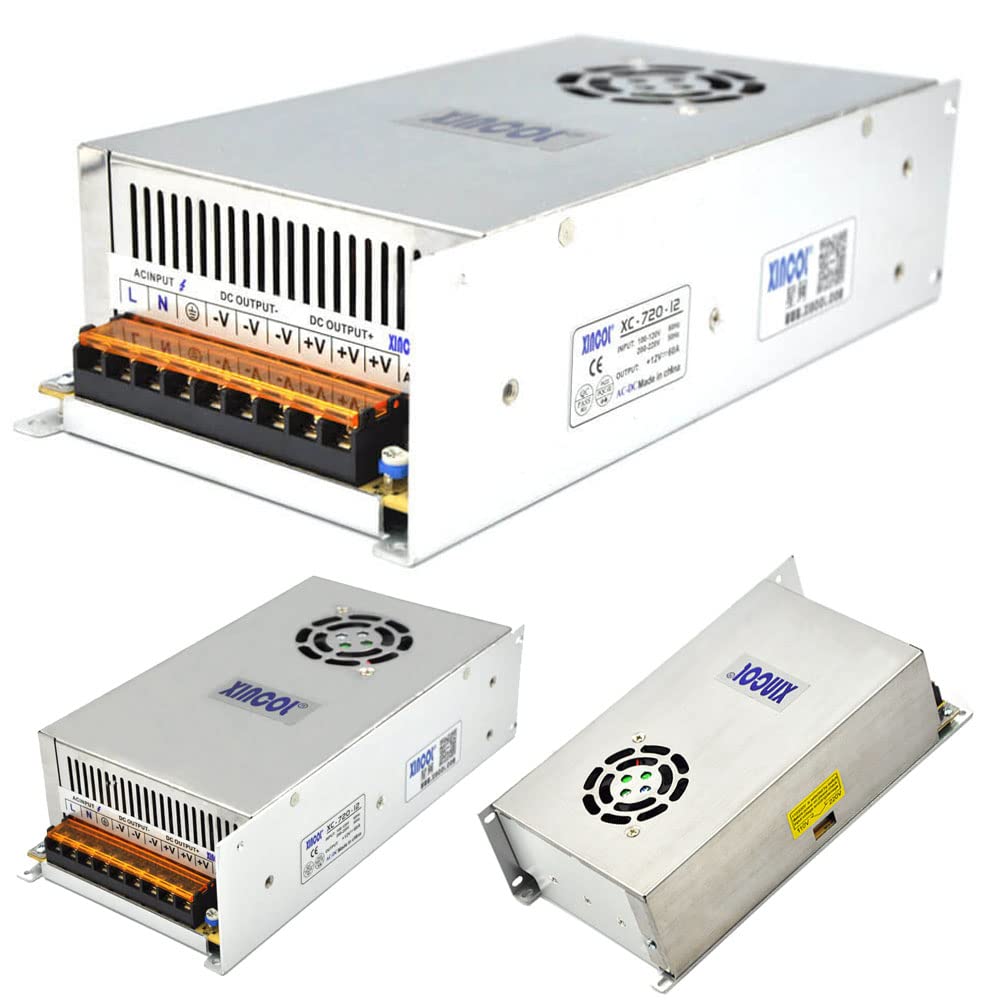 XINCOL AC110V/220V to DC12V 60A 720W Switched Mode Switching Power Supply (SMPS) Transformer Driver Adapter for LED Strip Light with Big Built-in Fan