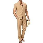 Dokotoo Men Men's Beach Outfit 2 Piece Casual Button Down Shirt Short Sleeve Loose Shirts and Pants Vacation Sets for Men