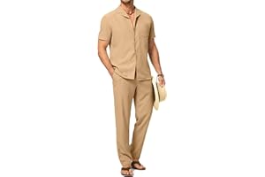 Dokotoo Men Men's Beach Outfit 2 Piece Casual Button Down Shirt Short Sleeve Loose Shirts and Pants Vacation Sets for Men