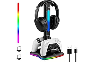 JDGPOKOO PS5 Controller Charger with RGB Headphone Stand, PS5 Controller Charging Station with 2 USB Port, Headset and Controllers Stand Holder for PlayStation 5, Gaming Gifts for Gamers Men