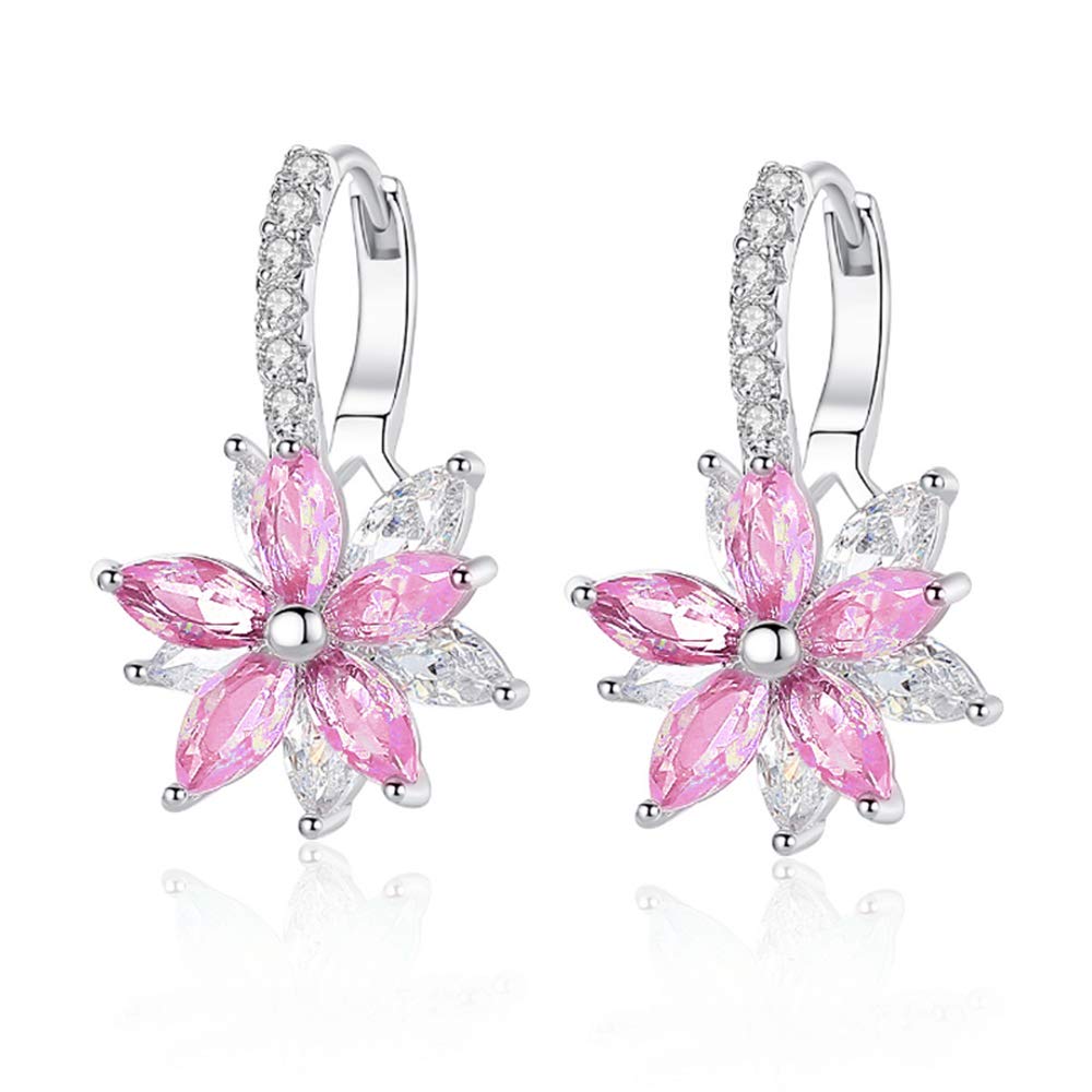 Josfeva Silver Hoop Earrings for Women, White Gold Plated Double Flower Hoop Earring with Cubic Zirconia, Hypoallergenic Crystal Hoop Earrings, Size:13mm * 22mm, Color: Pink, Gift for Women Girls