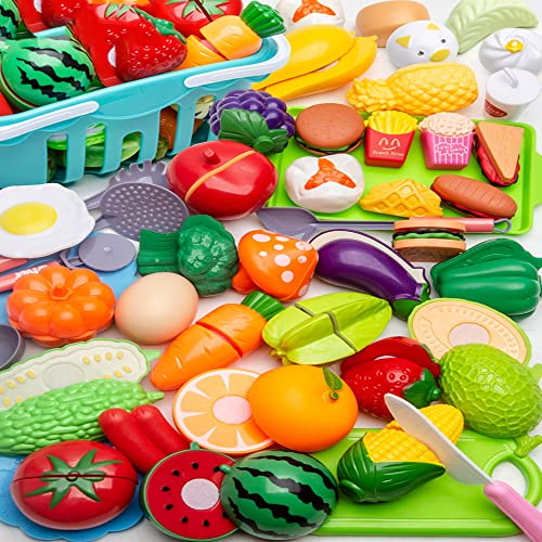46 PCS Cutting Play Food Toy for Kids Kitchen, Pretend Fruit &Vegetables Accessories with Shopping Storage Basket, Plastic Mini Dishes and Knife, Educational Toy for Toddler Children Birthday Gift