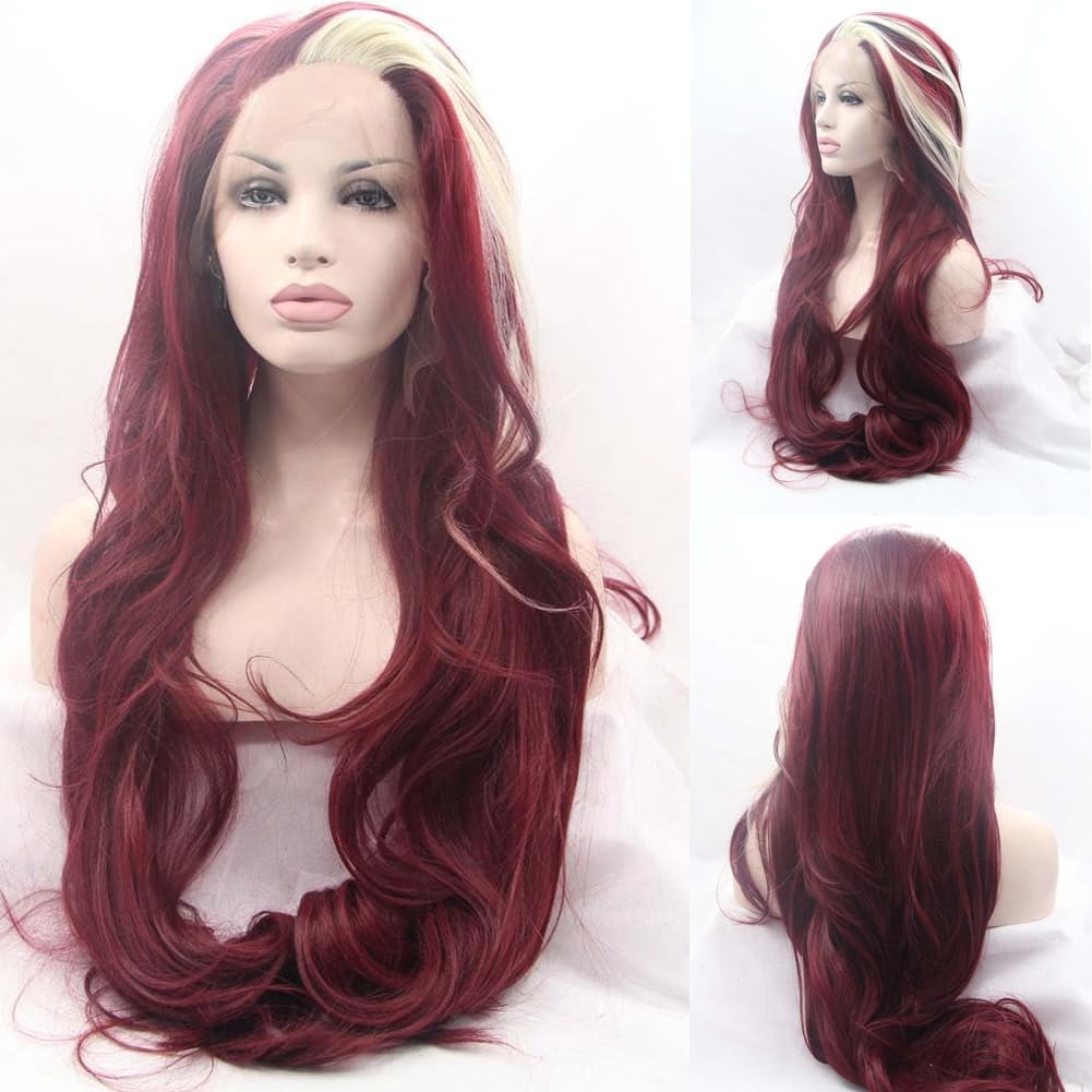 AFBeauty Omber Red Lace Front Wig Long Wavy Burgundy Red Highlight Blonde Synthetic Wig Heat Resistant Fiber Glueless Wigs for Women Cosplay Daily Wear 24inch