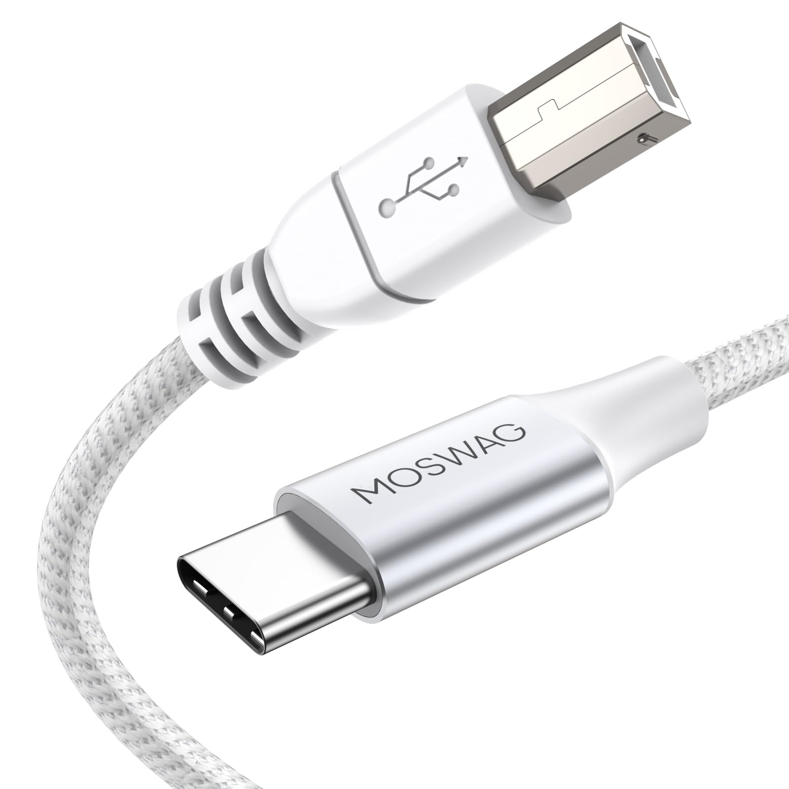 MOSWAG USB C to USB B MIDI Cable Type C to usb MIDI Cable Nylon Braided 2.0 Printer Scanner Cord High Speed with Metal Connector (16.4FT/5M, White)