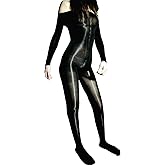 LESOYA Plus Size Women Shiny Glossy Nylon Sheer Bodystocking High Elastic Long Sleeve Bodysuit Nylon Catsuit