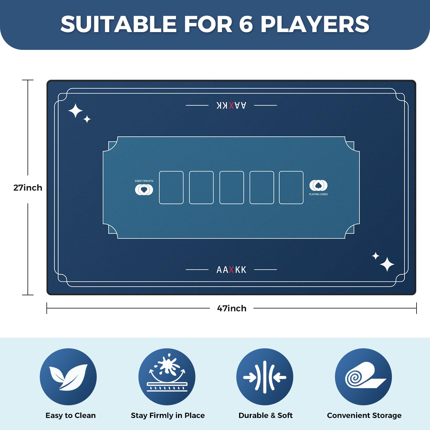 Condition photo showing New/Like New for aaxkk 47 x 27 inch 4-6 person small blue texas hold'em poker mat portable poker table tops cards gam