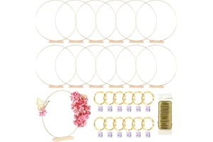 MJRASG 12 Pack Floral Hoop with Stand and LED Fairy Lights 18 inch Metal Rings for DIY Centerpiece Table Decorations Crafts Macrame Rings Hoop Wreath Dream Catcher Rings Wedding Christmas Wreaths, Gold