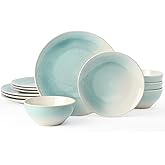 Famiware Glacier Stoneware Dinnerware Sets, Plates and Bowls Sets, 12 Pieces Kitchen Dishes Set for 4 - Dishwasher and Microwave Safe, Chip and Scratch Resistant, Aqua