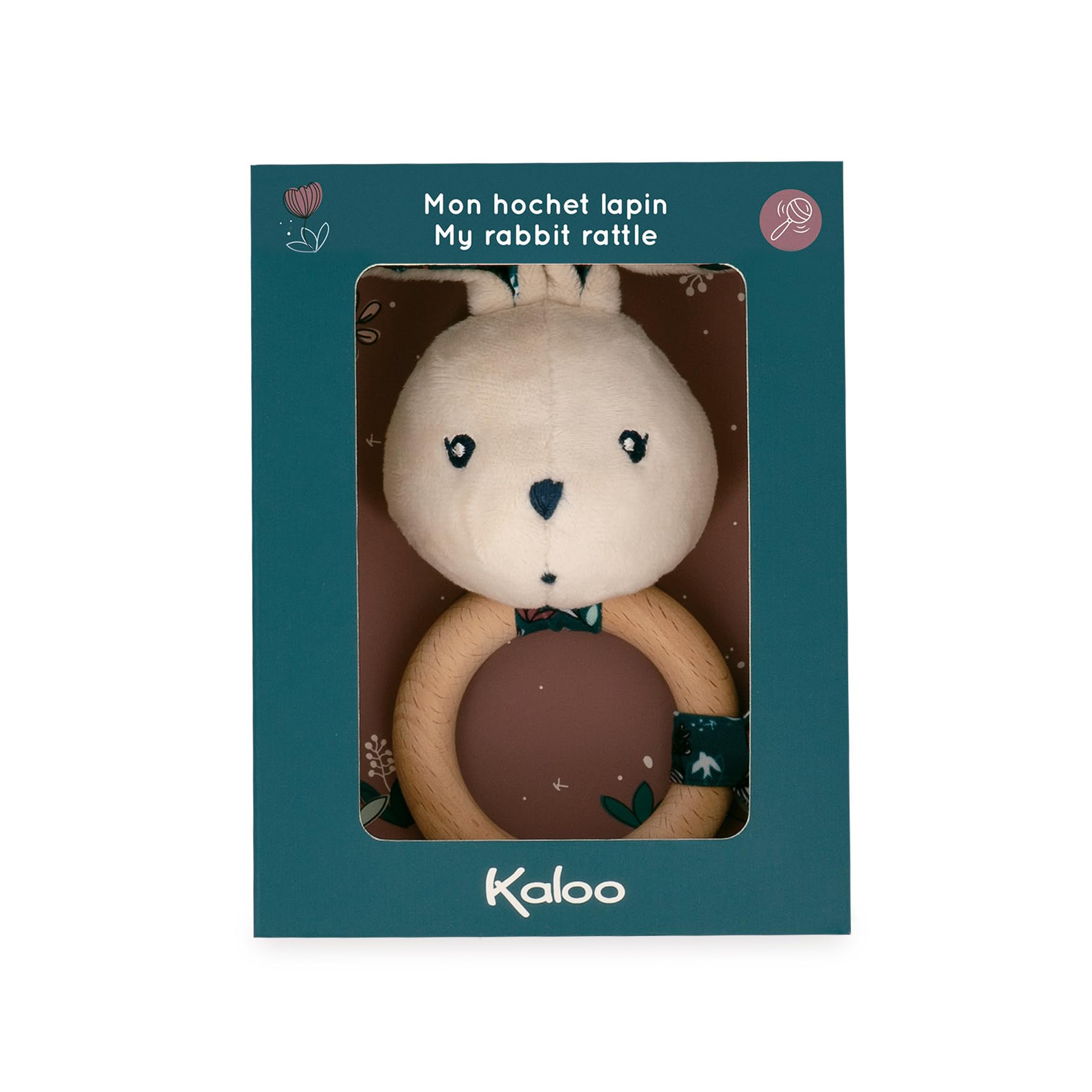 Kaloo - K'doux - Baby Rattle - FSC Wood Ring - Rabbit Plush with Bell - Promotes Development - Stimulates The Senses - Nature-Themed Pattern - 0 Months +, K216000
