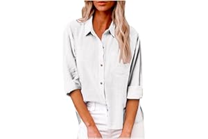 FLOLEO Summer Linen Shirts for Women Solid Color Button up Shirt 3/4 Sleeve Short Sleeve Cotton Linen Shirts Trendy Loose Top