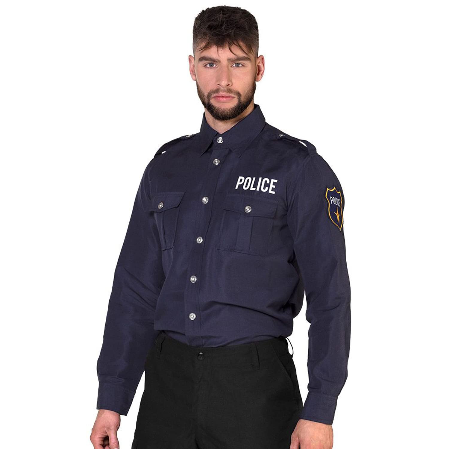 Boland - Police Shirt, Various Sizes for Men, Police, Long-Sleeved Shirt with Embroidery, Officer, Commissioner, Uniform, Costume, Carnival, Theme Party Multicoloured