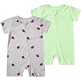 Teach Leanbh Unisex Baby 2 Pack Pajamas Cotton Short Sleeve 2 Way Zipper Printing Soild Romper Jumpsuit Sleep and Play