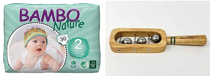 Bambo Nature Premium Baby Diapers (1-3 Months), 30 Small, Bundle with Brainsmith Swoora Wooden Handbell Rattle Toy with Handle, Non-Toxic (0-2 Years)