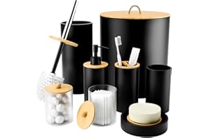 VTRIN Bathroom Accessory Set 8 PCS Matte Black Bathroom Accessories Set with Soap Dispenser, Toothbrush Holder Set, Trash Can, Qtip Holders, Soap Dish, and Toilet Brush Holder for Boho Bathroom Decor