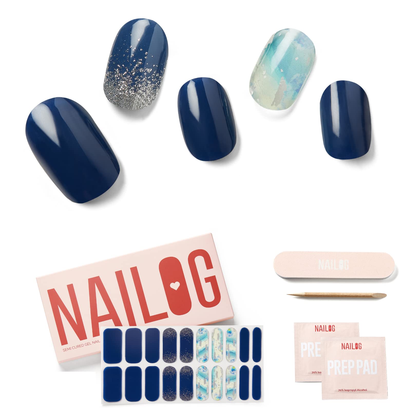 NAILOG Semi Cured Gel Nail Strips, Extra Long Nail Polish Strips (20 Pieces), Long Lasting Semi Cured Nail Stickers with Soft Glossy Gel Finish, Lake Dawn