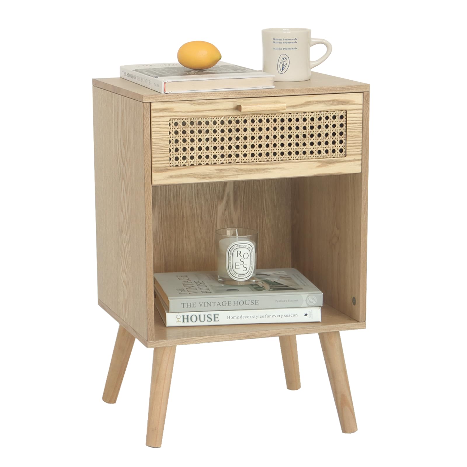 Photo 1 of MaxSmeo Rattan Side Table, Small Bedside Tables Natural Wood Nightstand with Drawer and Open Shelf, Modern Nightstand with Solid Legs (Natural Walnut)