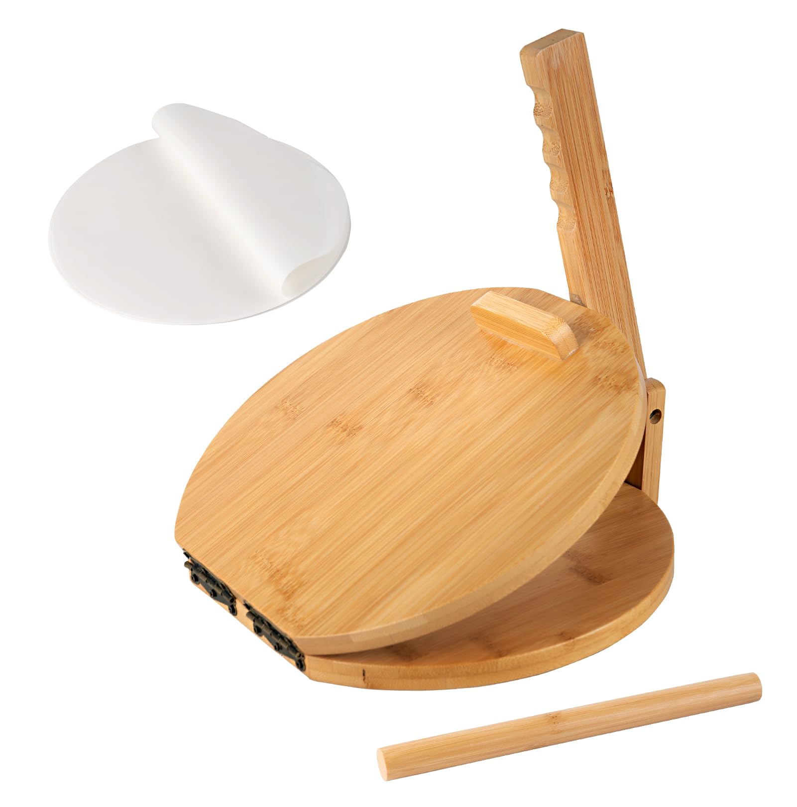 Photo 1 of Wooden Tortilla Press 10 Inches with Rolling Pin & 50 Pcs Parchment Paper Mexican Tortillera Presser Homemade Tortillas Roti Pataconera Dough Press