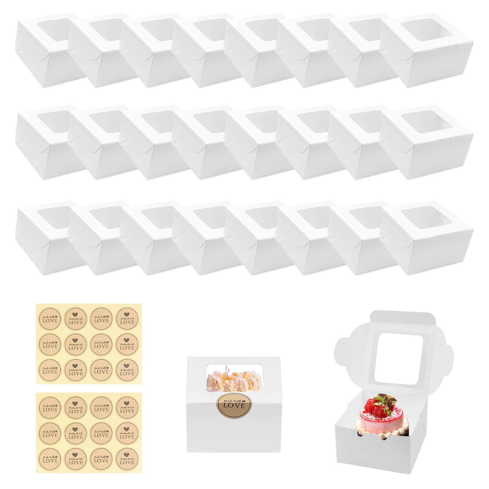24 PCS Cupcake Boxes with Windows, Cake Boxes for Cake Portions 10*10*6cm with 24 Stickers,Small Baking Boxes,Cupcake Boxes Single for Cupcakes Desserts Pastries Candy Pies & Gifts (White)