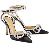 LauraVicci Women's Heeled Sandals Pointed Toe Crystal Embellished Bow Ankle Straps Rhinestone Buckle Stiletto Slip On Evening Dress Party Wedding Pumps Shoes