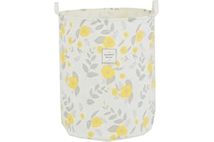 QiANBiRD Large Foldable Laundry Basket Organizer Holder portable tall collapsible laundry hamper nusery Storage Basket Bin with Handles (Waterproof Lining, Floral Grey Yellow)
