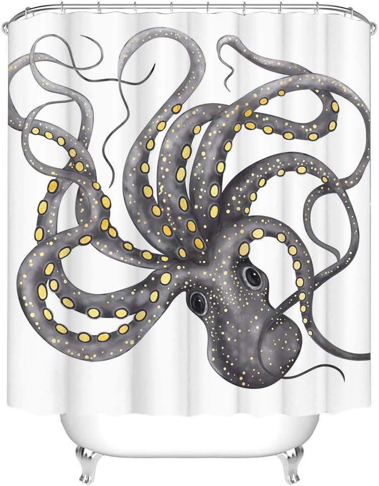 Ocean Life Shower Curtain Grey and Gold Octopus Bathroom