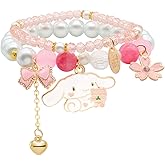 Kawaii Crystal Bracelet Cute Cartoon Elastic Beaded Pearl Bracelet Matching Bracelet Set Blue Pink White Crystal Beaded Bracelets Butterfly Heart Flower Bracelets BFF Friendship Bracelets Birthday Christmas Jewelry for Women