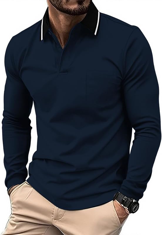 Polo pour Homme à Manches Longues Polo de Golf Travail avec Boutons Polos Chemise Respirants Décontractés T Shirts à Poche,Bleu Marine,M