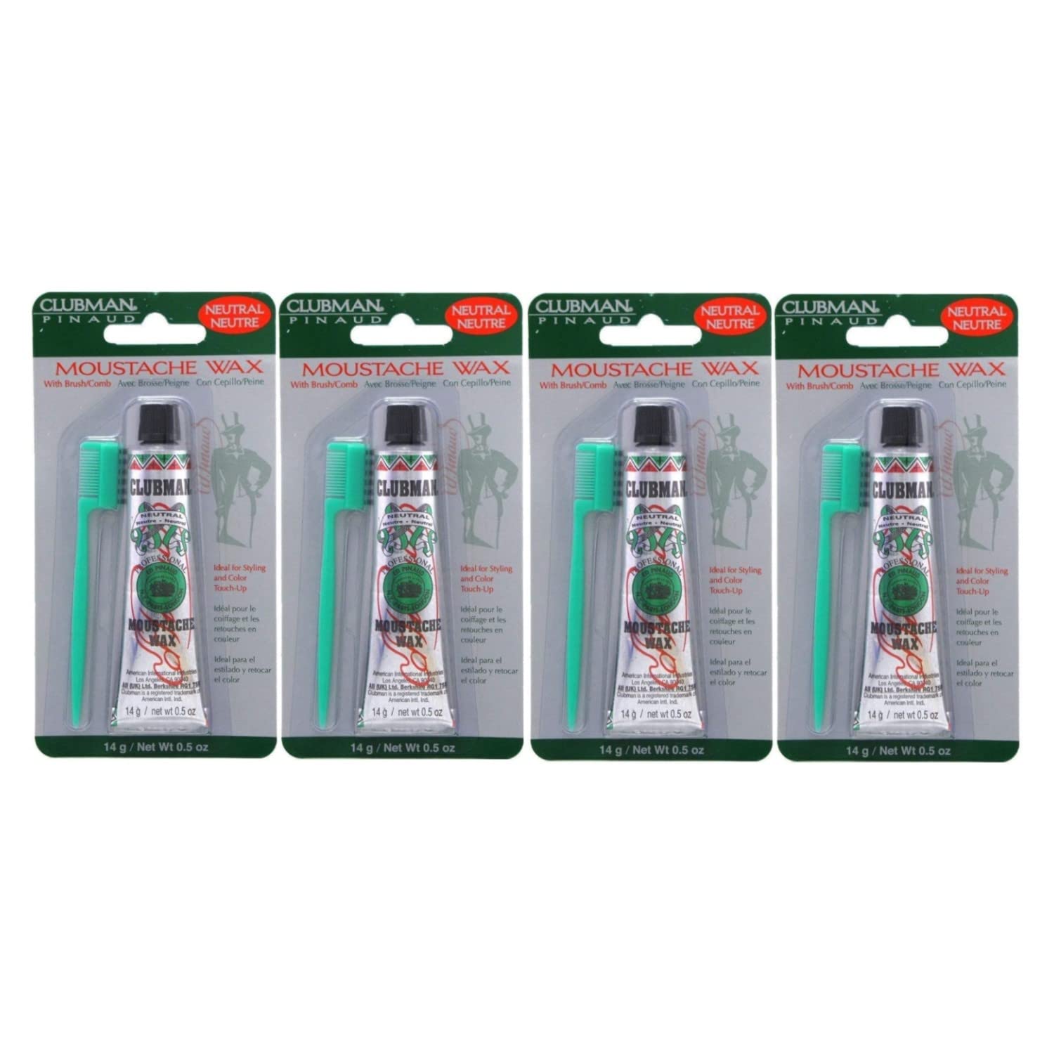 Clubman Moustache Wax With Brush/Comb Neutral, 0.5 oz (Pack of 4)