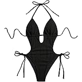 OYOANGLE Women's Textured Monokini Cheeky Bathing Suit Cutout Open Back One Piece Swimsuits
