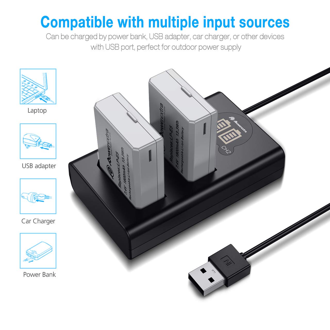 Powerextra 2 X LP-E5 Replacement Battery and Dual LCD Battery Charger Compatible with Canon EOS Rebel XS, Rebel T1i, Rebel XSi, 1000D, 500D, 450D, Kiss X3, Kiss X2, Kiss F