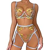 Kaei&Shi Vibrant Floral Embroidery, Underwire, Thong, Thigh Straps, Lingerie Set