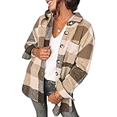 CHYRII Women's Casual Flannel Plaid Shacket Button Down Long Sleeve Shirt Jacket Coats