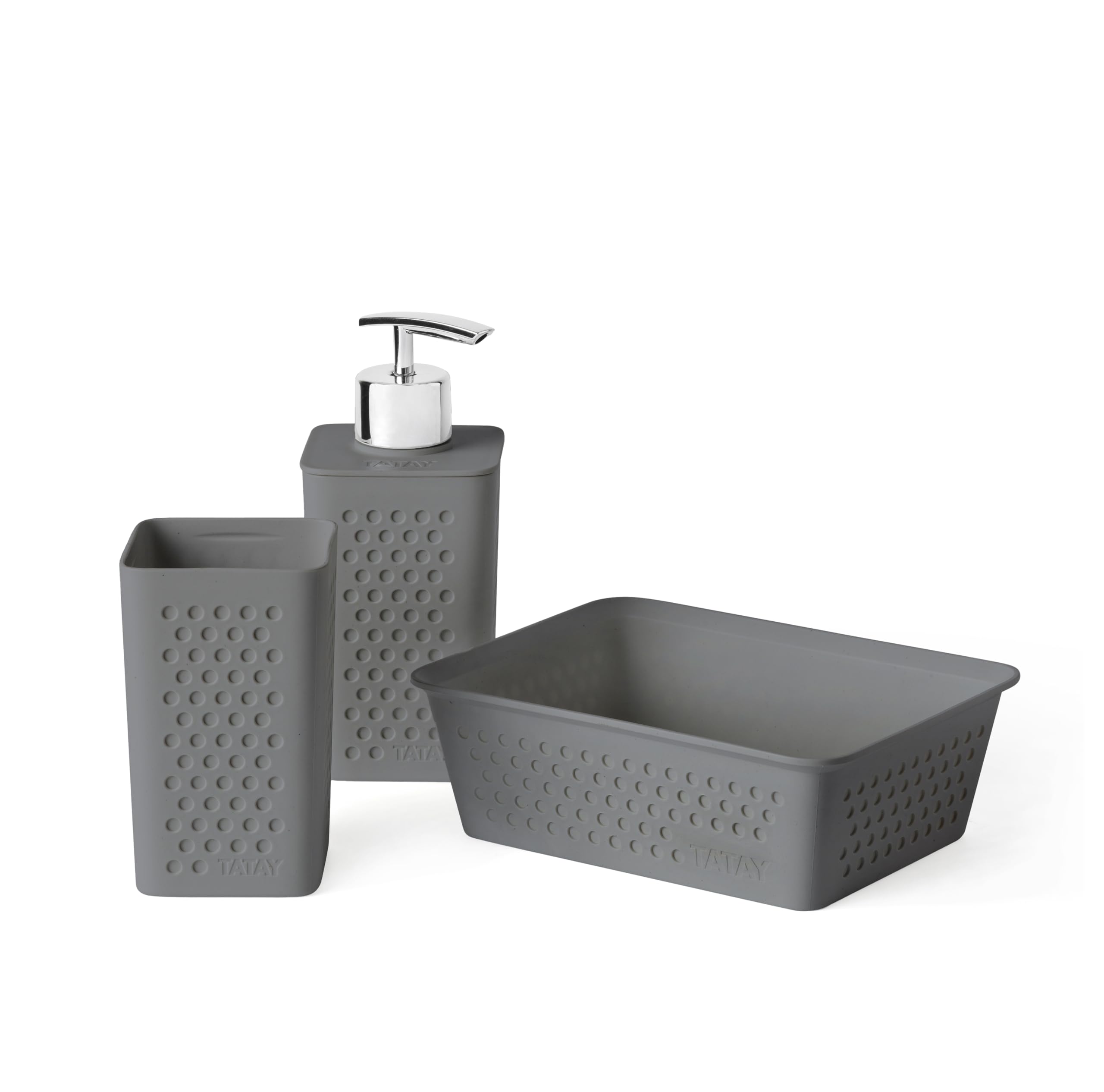 TATAY Set of 3pcs Bathroom Accessories (Tumbler + Dispenser + Organiser A6) Bohol, Polypropylene, BPA Free, 100% Recycled Plastic, Anthracite Grey
