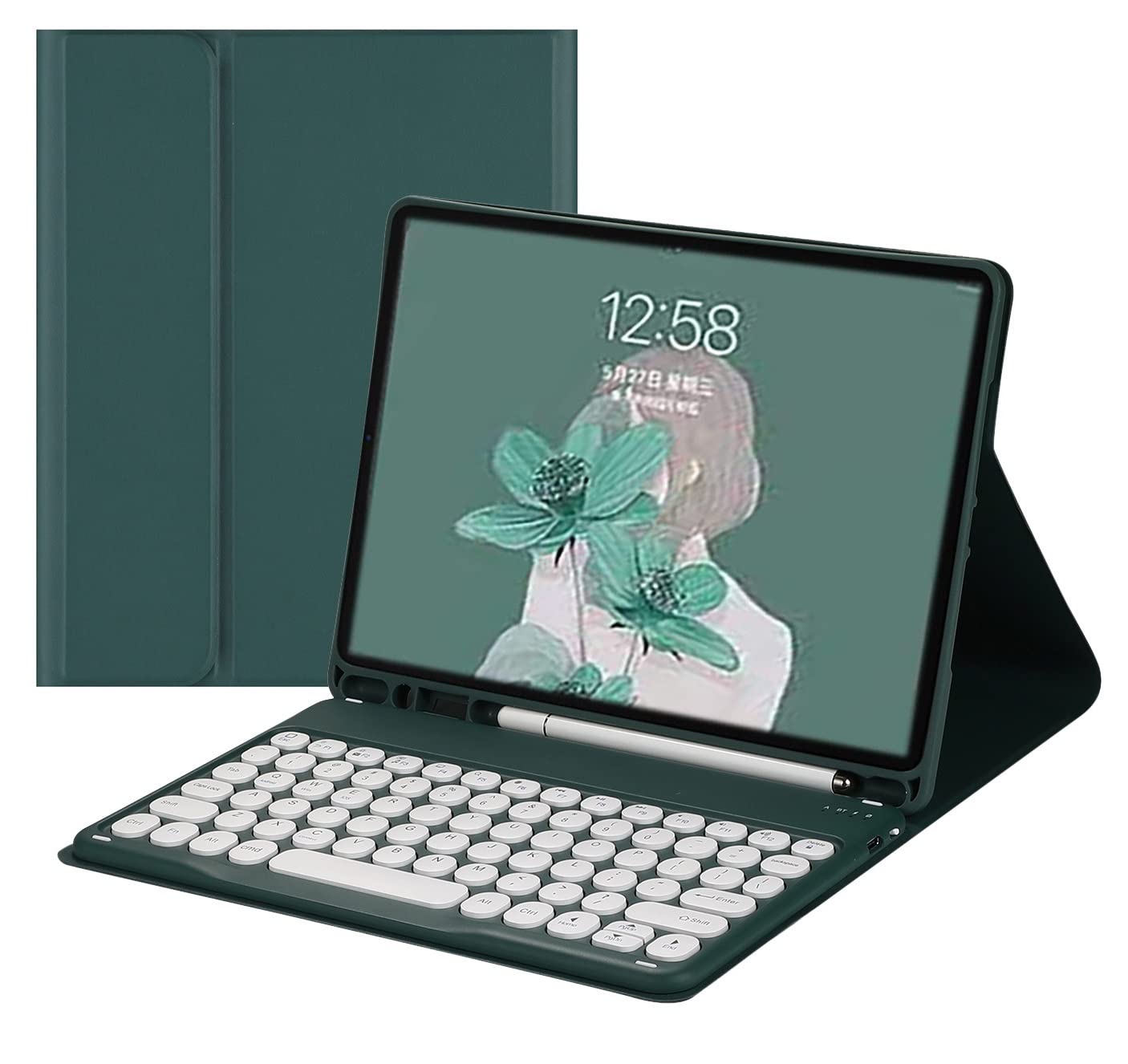 HENGHUI Keyboard Case for Galaxy Tab S8 Ultra 14.6 inch Tablet 2022 Color Keyboard Cute Round Key Wireless Detachable BT Keyboard Cover with S Pen Holder (DarkGreen)