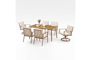 SeeHill 7 Pieces Patio Dining Set for 6, Outdoor Aluminum Dining Furniture Set with Umbrella Hole, Outdoor Patio Table Sets with 2 Swivel Chairs, 4 Dining Chairs and Table for Deck Yard Poolside, Teak