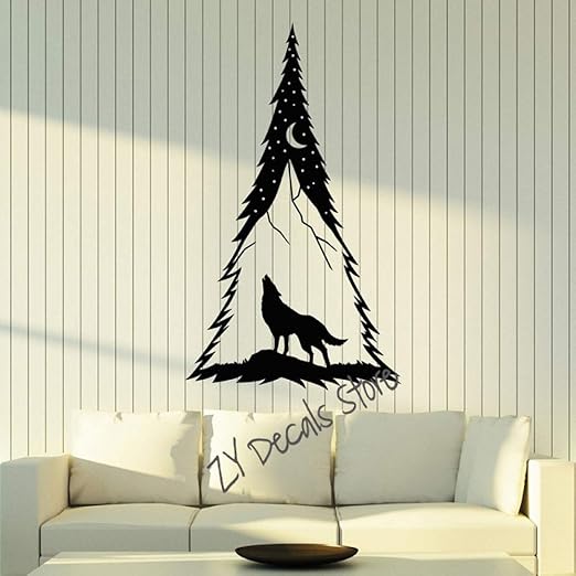 yaoxingfu Lobo Vinilo Pared calcomanía Abeto árbol Bosque Luna ...